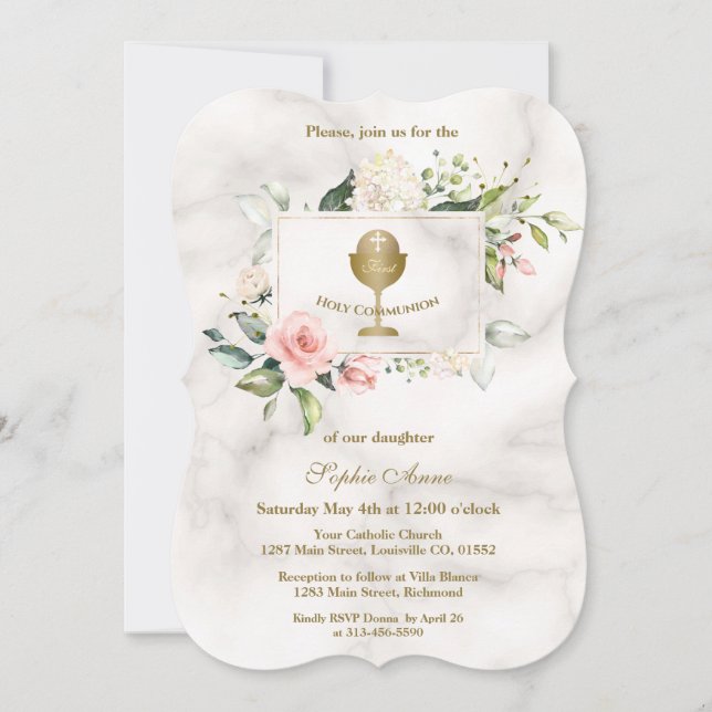 Invitation Chic Pink Flowers Frame Girl Marble Holy Communion (Devant)