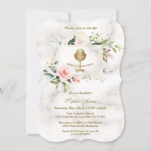 Invitation Chic Pink Flowers Frame Girl Marble Holy Communion