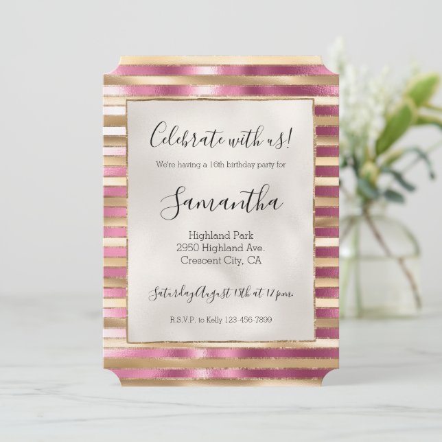Invitation Chic Pink Gold Glam Stripes (Debout devant)