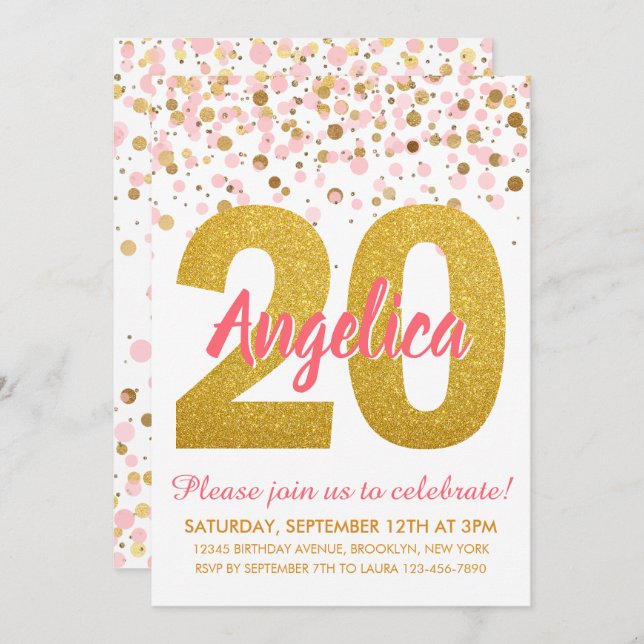 Invitation Chic Pink Gold Parties scintillant Confetti Fille  (Devant / Derrière)