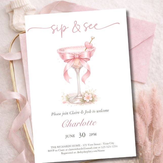 Invitation Chic Pink Martini Tini One Baby Girl Sip And See  (Créateur téléchargé)