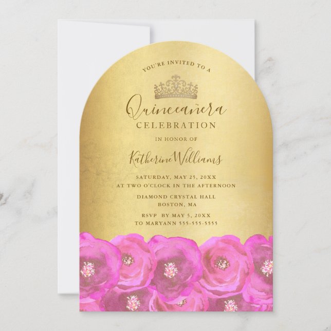 Invitation Chic Pink Rose Floral Gold Crown Quinceañera  (Devant)