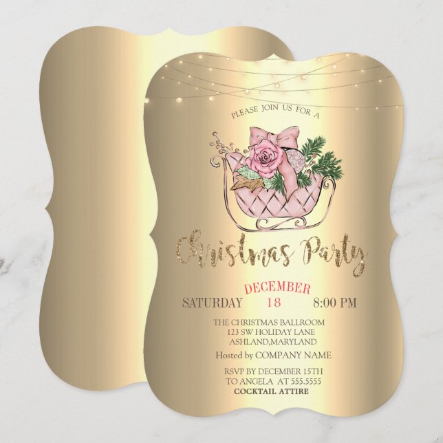 Invitation Chic Pink Sleigh, String Lights Gold (Devant / Derrière)