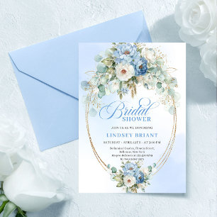 Invitation Chic Pivoine Bleue Clair Accent Doré Baby Shower