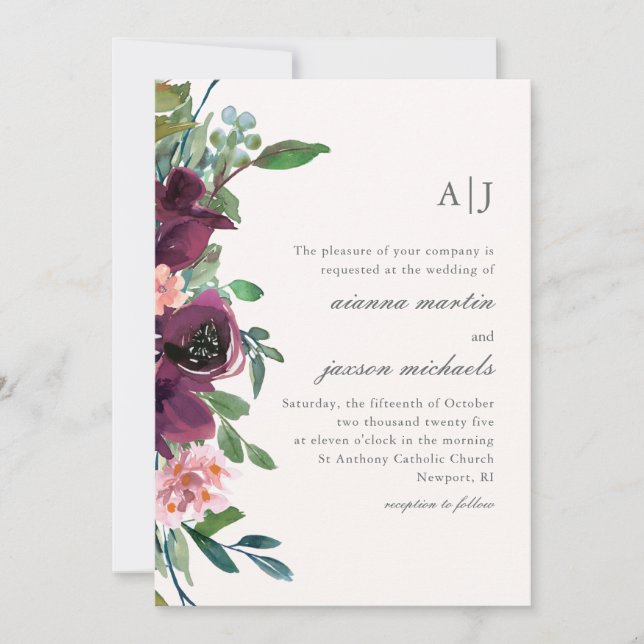 Invitation Chic Plum aquarelle Floral sur Mariage de broche (Devant)