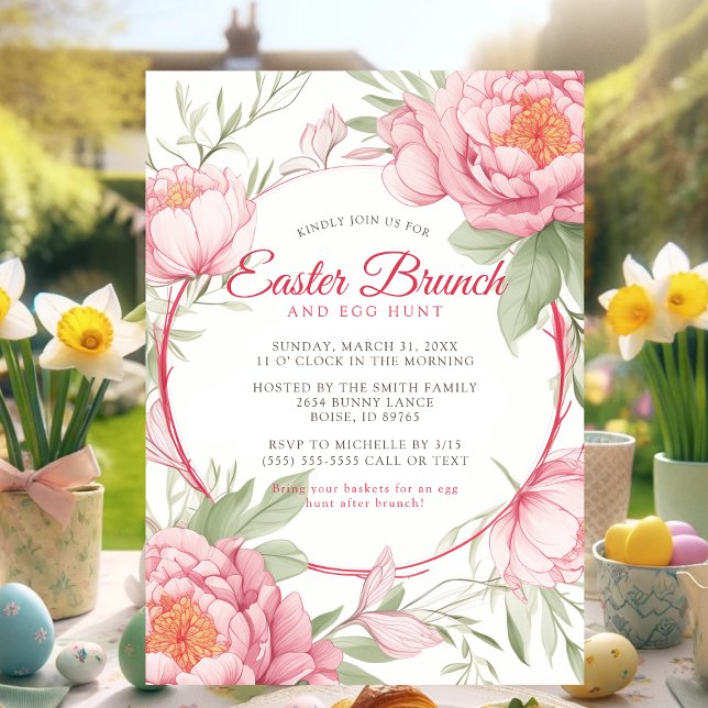 Invitation Chic Pony rose Floral Brunch de Pâques et chasse a (Chic Pink Peony Floral Easter Brunch and Egg Hunt Invitation)