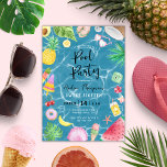 Invitation Chic Pool Party Summer Sweet 16 Anniversaire<br><div class="desc">Une soirée d'été à thème de piscine moderne et chic pour le sweet sixteen avec des éléments d'aquarelle amusants et colorés tels que les feuilles tropicaux, la noix de coco, lunettes de soleil, ananas, popsicles, coquillages, caméra, fleurs, avocat, pastèque, beigne, cerise et cocktail. L'arrière - plan dispose d'une piscine d'eau...</div>