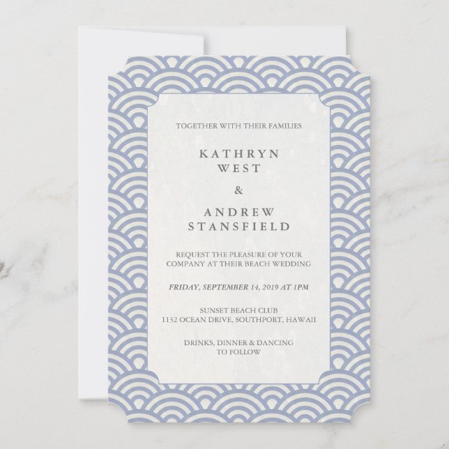 Invitation Chic Poudre Bleu Stylisé Vagues Plage Mariage (Devant)
