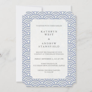 Invitation Chic Poudre Bleu Stylisé Vagues Plage Mariage