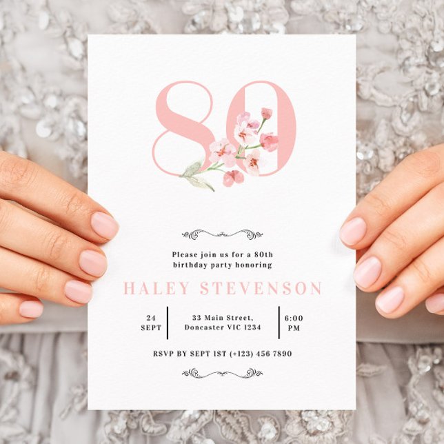 Invitation Chic pour 80e anniversaire Simple floral rose et b (Créateur téléchargé)