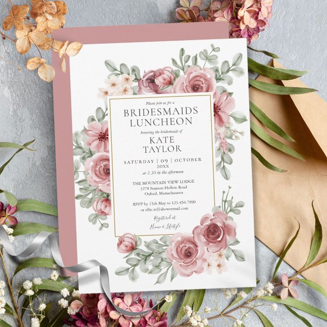 Invitation chic pour le déjeuner des demoiselles d (Elegant Dusty Rose Floral Bridesmaids Luncheon Invitation)