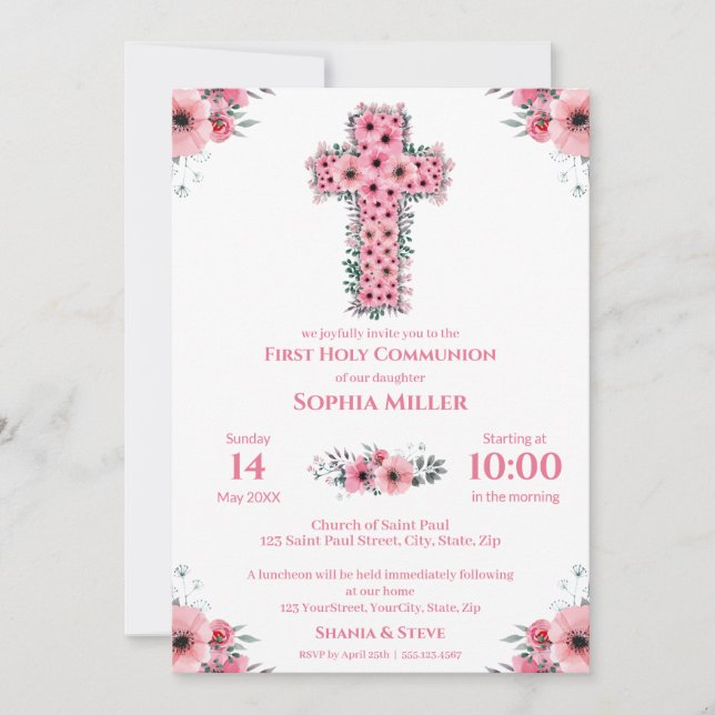 Invitation Chic Première Sainte Communion Fille Croix Fleur R (Devant)