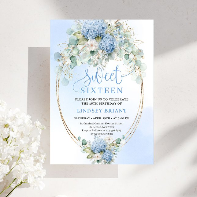 Invitation Chic Printable Blue Floral Gold Sweet 16 Birthday (Printable Blue Floral Gold Sweet 16 Birthday Invite)