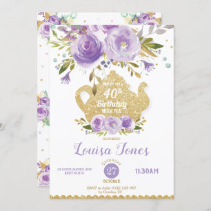 Invitation Chic Purple Floral 40e anniversaire Tea Party N'IM