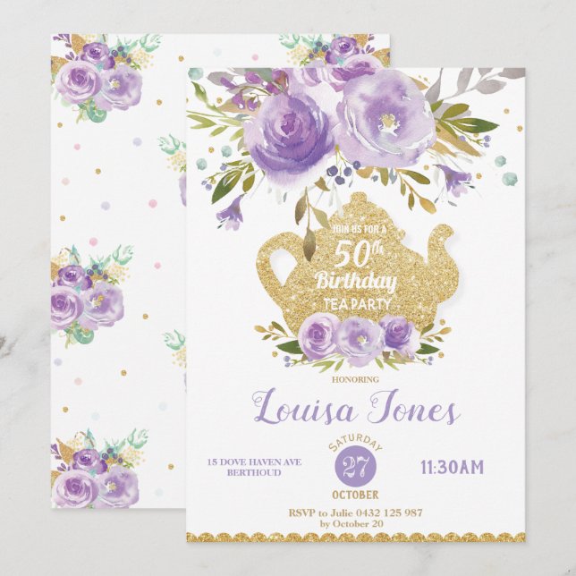 Invitation Chic Purple Floral 50e anniversaire Tea Party N'im (Devant / Derrière)