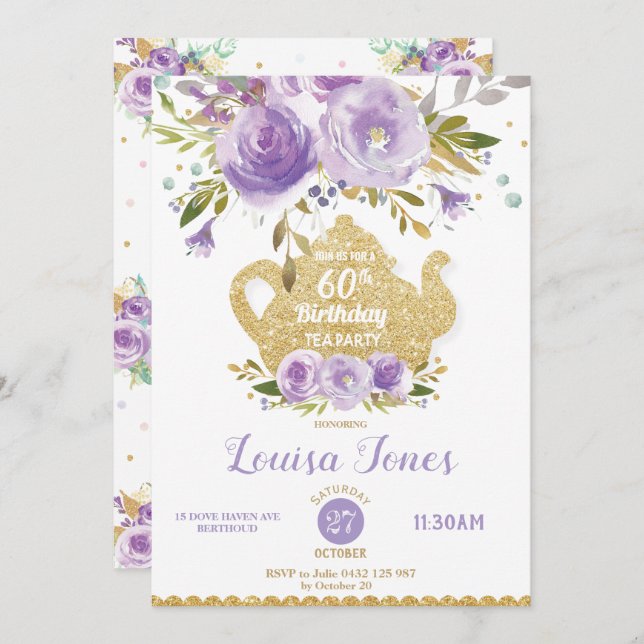 Invitation Chic Purple Floral 60e anniversaire Tea Party N'im (Devant / Derrière)