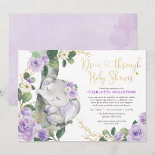 Invitation Chic Purple Floral Elephant Drive Par Baby shower