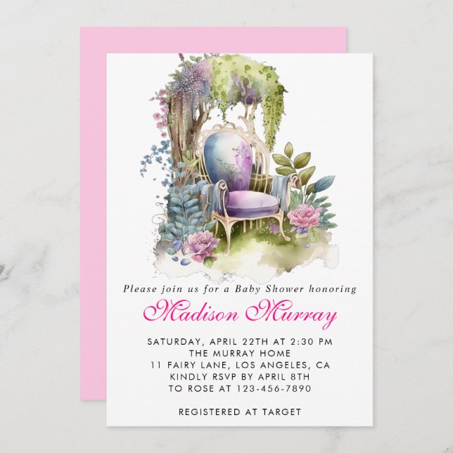 Invitation Chic Purple Floral Flower Garden Baby shower (Devant / Derrière)