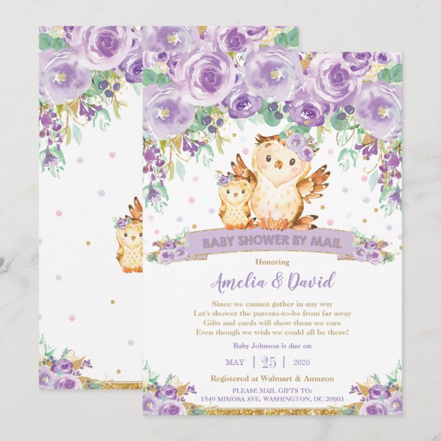 Invitation Chic Purple Floral Owl Baby shower virtuel par cou (Devant / Derrière)