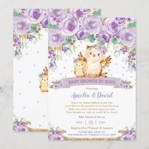 Invitation Chic Purple Floral Owl Baby shower virtuel par cou