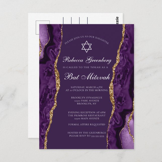 Invitation Chic Purple Gold Bat mitzvah Party (Devant / Derrière)