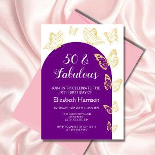 Invitation Chic Purple Gold Butterfly Fabuleux anniversaire