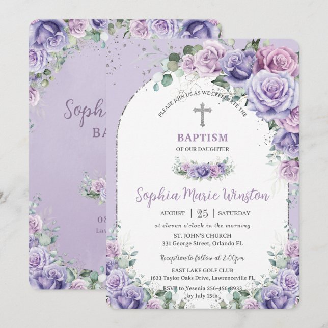 Invitation Chic Purple Lilac Floral Roses Argent Baptême (Devant / Derrière)