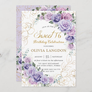 Invitation Chic Purple Lilac Lavender Roses Sweet 16 Annivers