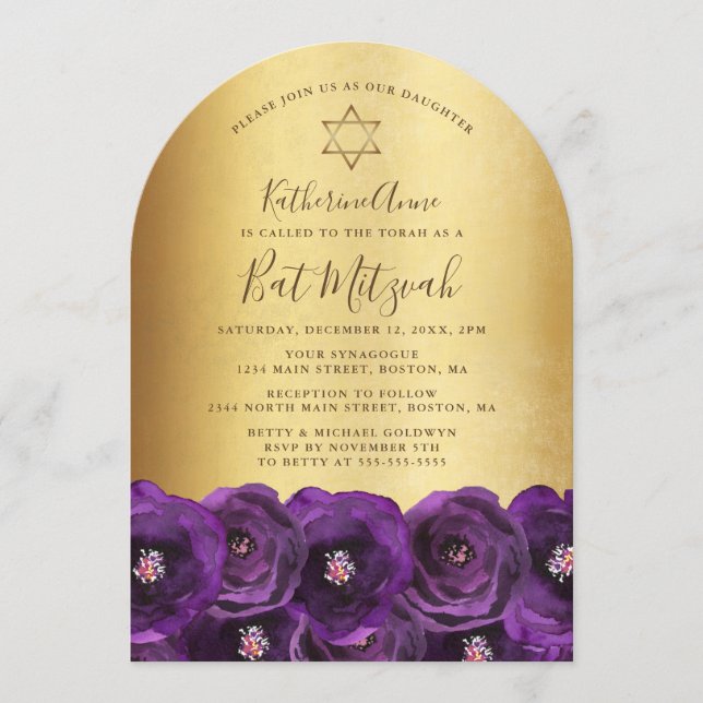 Invitation Chic Purple Rose Floral Gold Bat Mitzvah (Devant)