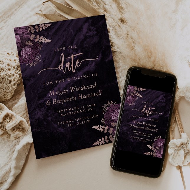 Invitation Chic Purple Rose Gold Floral Wedding Enregistrer l (Créateur téléchargé)