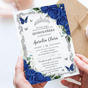 Invitation Chic Quinceañera Bleu Royal Floral Vintage Argent