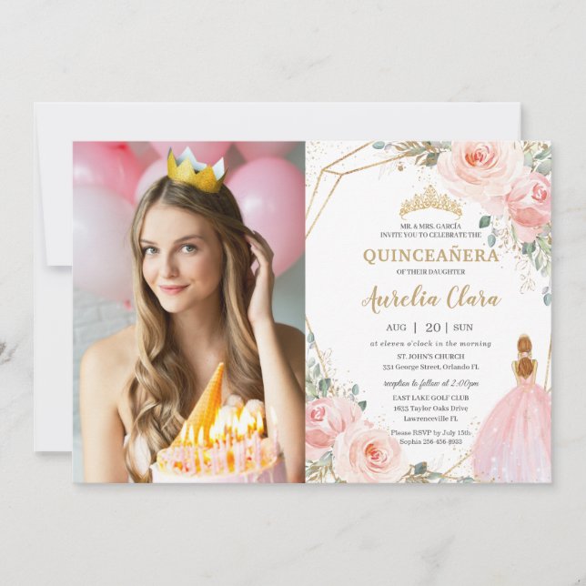 Invitation Chic Quinceañera Blush Pink Floral 15 Anos Photo (Devant)