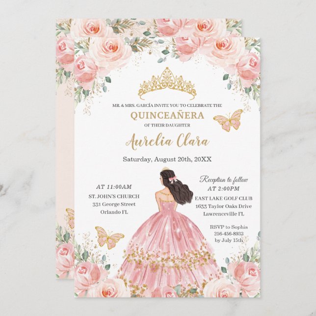 Invitation Chic Quinceañera Blush Rose Floral Gold Princess (Devant / Derrière)
