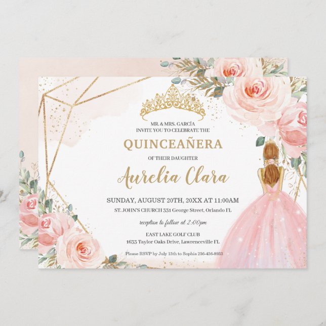 Invitation Chic Quinceañera Blush Rose Floral Tiara Anniversa (Devant / Derrière)