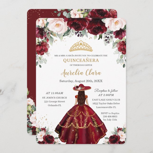 Invitation Chic Quinceañera Bourgogne Blush Floral Charro Gol (Devant / Derrière)