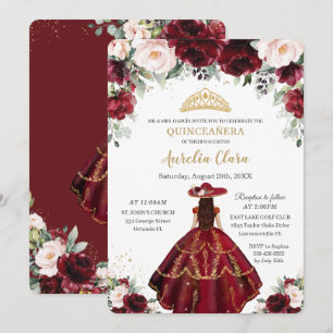 Invitation Chic Quinceañera Bourgogne Blush Floral Charro Gol