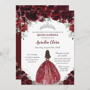 Invitation Chic Quinceañera Bourgogne Florale Princesse Argen