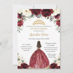 Invitation Chic Quinceañera Bourgogne Ivory Floral Princesse