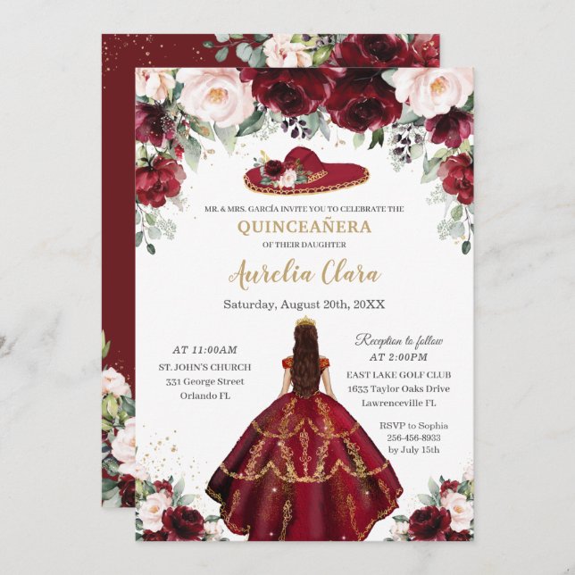 Invitation Chic Quinceañera Burgundy Blush Floral Charro Casq (Devant / Derrière)