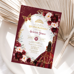 Invitation Chic Quinceañera Burgundy Blush Floral Papillon