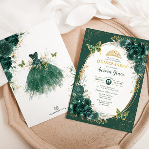 Invitation Chic Quinceañera Emerald Green Floral Butterfly