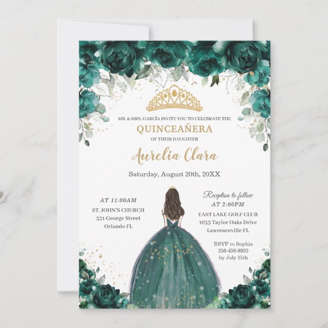 Invitation Chic Quinceañera Emerald Green Floral Princesse (Devant)