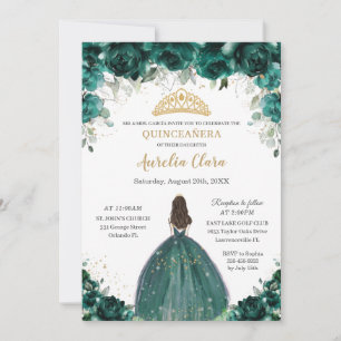 Invitation Chic Quinceañera Emerald Green Floral Princesse