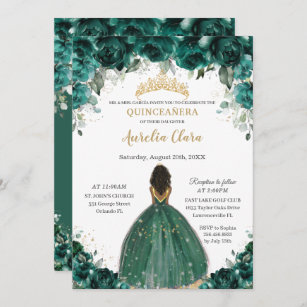 Invitation Chic Quinceañera Emerald Green Floral Princesse