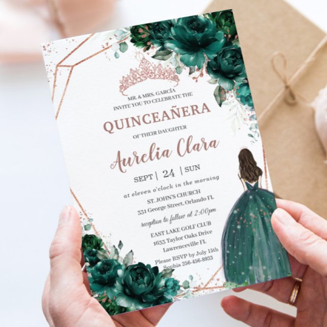Invitation Chic Quinceañera Emerald Green Floral Rose Gold (Créateur téléchargé)