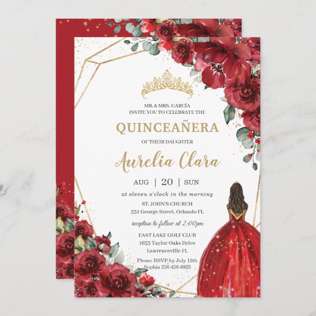 Invitation Chic Quinceañera Fleurs rouges Floral Brown Prince (Devant / Derrière)