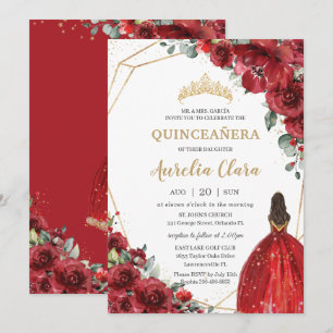Invitation Chic Quinceañera Fleurs rouges Floral Brown Prince