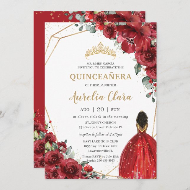 Invitation Chic Quinceañera Fleurs rouges Floral Brown Prince (Devant / Derrière)