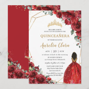 Invitation Chic Quinceañera Fleurs rouges Floral Brown Prince