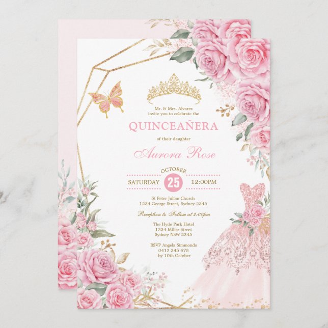 Invitation Chic Quinceañera Gold Rose Couronne princesse (Devant / Derrière)